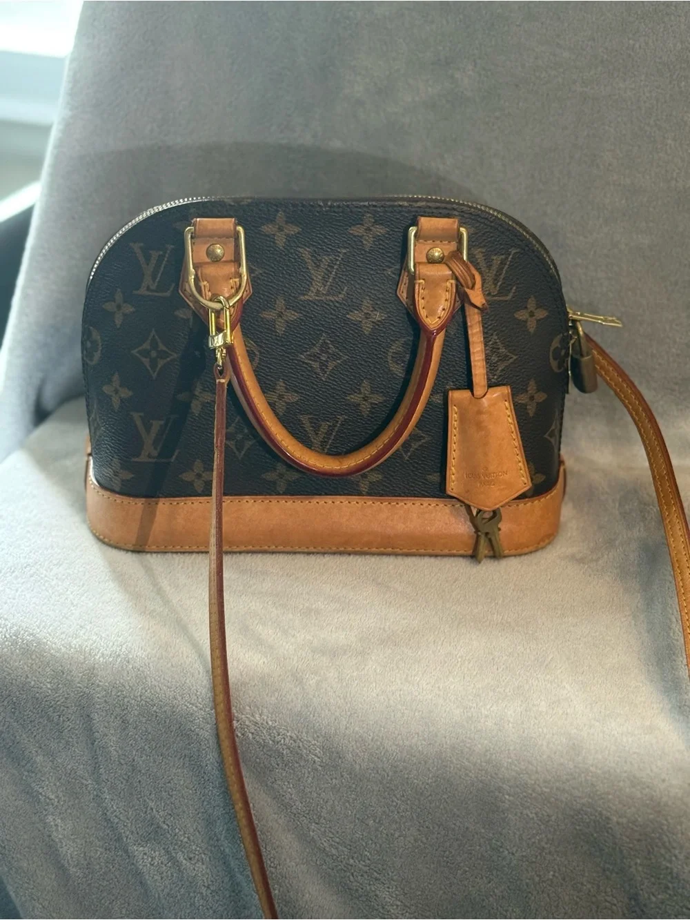 Louis Vuitton Brown Monogram Alma Satchel with Tan Trim